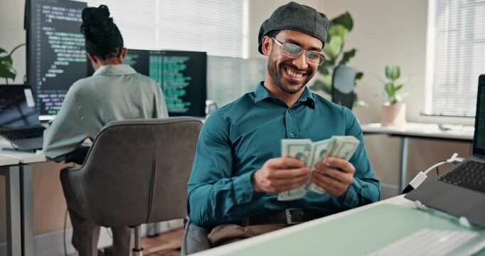 Man, programmer and happy in office with cash, counting earnings and money laundering profit. Coder, coworking and dollars in company from insurance scam, illegal spyware and fake baking software