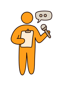 Interviewer holding microphone and clipboard conducting public opinion survey