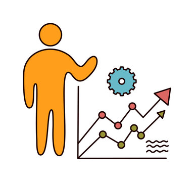 Presenter explaining line graph with gear showing process improvement