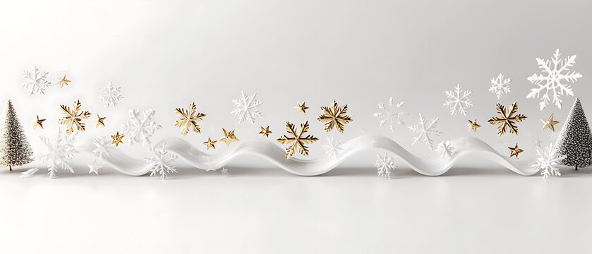 Horizontal Christmas border divider featuring a white ribbon white and gold snowflakes and small pine trees