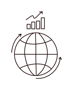 Outline globe with rotating arrows and rising bar chart