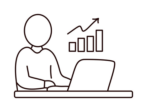 Outline office worker using laptop beside rising bar chart