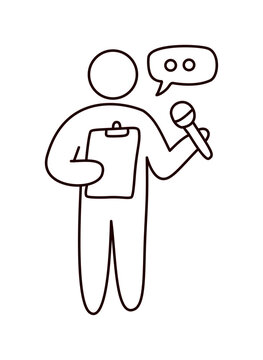 Outline interviewer with microphone and clipboard for opinion polling
