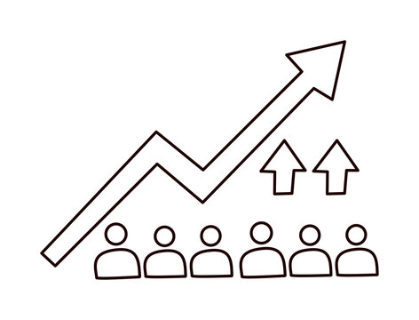 Rising arrow above outline people showing audience population growth