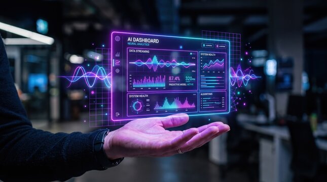 Futuristic AI dashboard hologram displayed on open palm, showing neural analytics data streaming and system health metrics, purple neon cyber technology interface in modern office