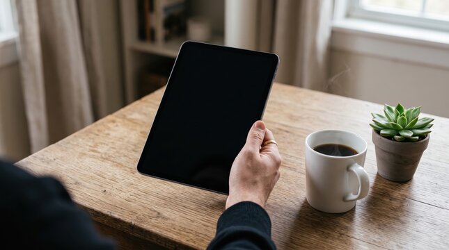 Hand holding a black tablet computer over a wooden table next to a steaming cup of coffee and a small potted succulent plant, representing modern lifestyle, remote work,