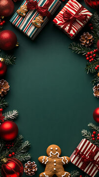 Vertical Christmas flat lay border featuring gift boxes red baubles gingerbread men and pine on dark green
