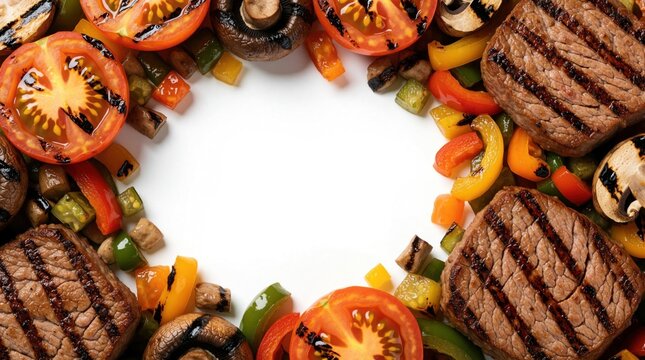 Top view of grilled beef steak slices, roasted vegetables frame on white background. Assorted meat pieces with tomato, onion, mushroom, pepper, courgette form circle. Healthy barbecue food mix with