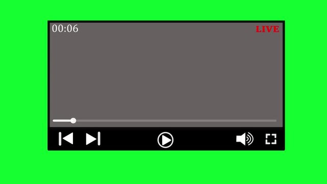 Live stream video player user interface mockup with blinking red live icon on transparent background