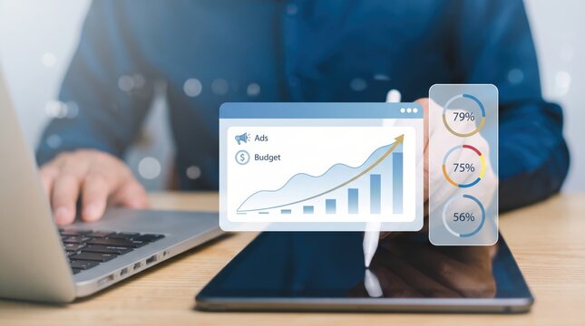 Digital marketing analytics report showing growth charts and budget performance, social media advertising ROI analysis, business strategy planning with data visualization graphs