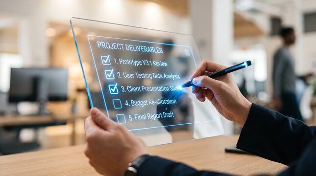 Hand interacting with futuristic transparent holographic tablet displaying project deliverables checklist, advanced technology interface for business management and task