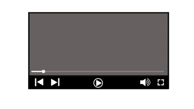 Video player user interface mockup with moving progress bar and control icons on transparent background