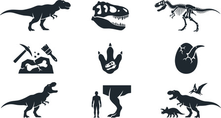 Tyrannosaurus Rex Dinosaur and Paleontology Solid Icon Set Featuring Tyrannosaur Skeleton Skull Fossil Footprint Egg and Archeology Tools for Education Designs © masud