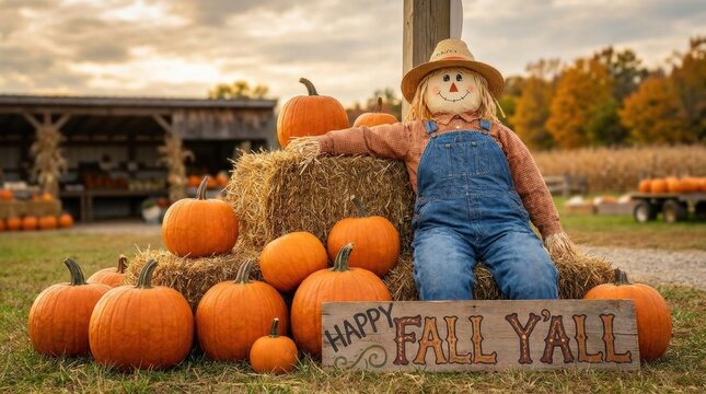 Happy fall yall message features scarecrow and orange pumpkins hay