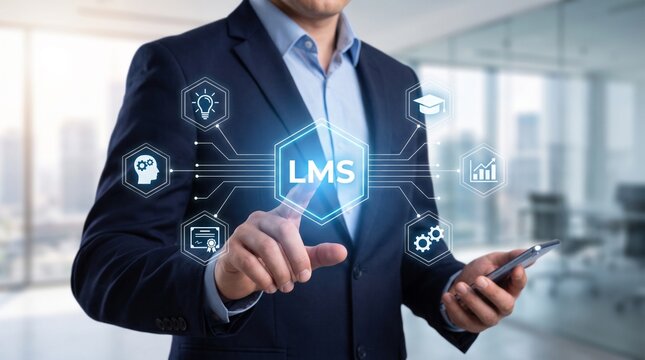 Professional businessman touching futuristic learning management system digital interface screen