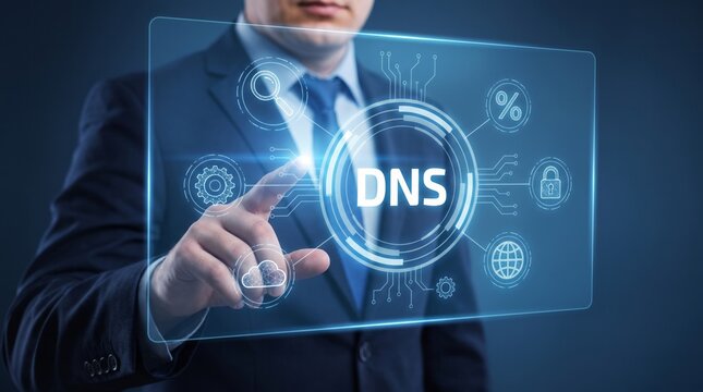 Business professional interacting with holographic screen displaying dns server network