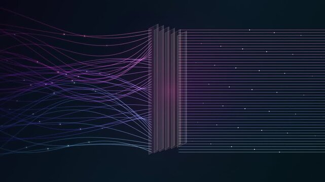 Glowing Lines Transforming Chaos into Structure on a Dark Background, Complex Data Becoming Organized, Futuristic 3D Animation, Entropy to Order &mdash; Luminous Data Flow Through Transparent Panels