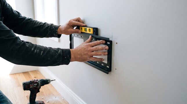 Man installing TV mount on wall with level and drill