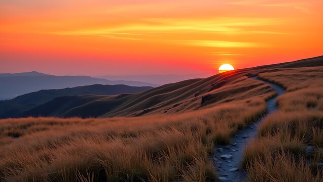 sunset over grassy mountain trail landscape