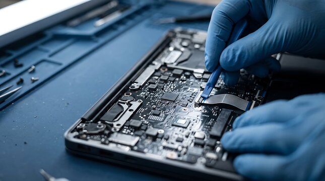 Technician repairing laptop motherboard with tools and gloves