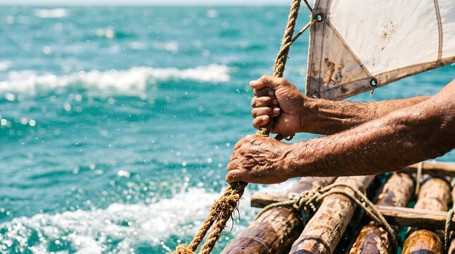 Man holding rope on a raft sailing on the sea