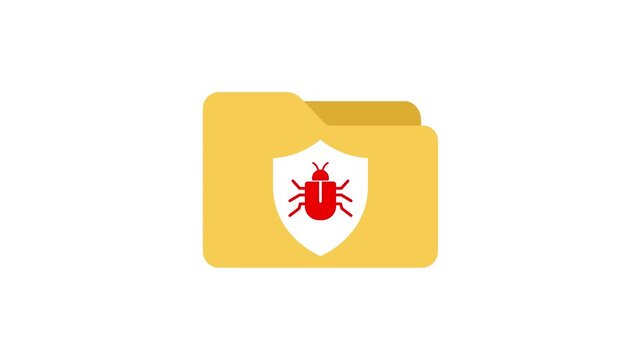 Infected folder animated yellow file icon with red bug virus inside white shield on white background.