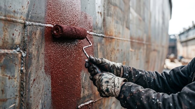 Worker painting a rusty metal surface with a roller