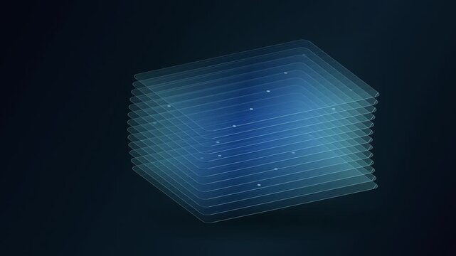 Tidal Memory Stack &mdash; Layered Digital Archive on a Dark Background, Glowing Data Pulses Moving Through Stacked Glass Sheets, Futuristic Data Storage, Floating Glass Layers with Glowing Light Pulses