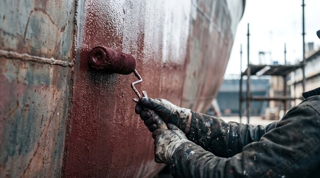 Shipyard worker painting a large hull with red paint