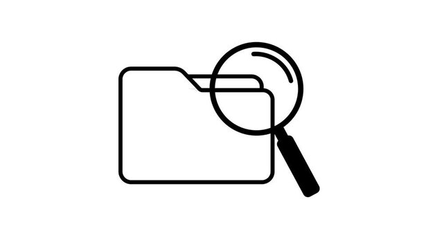 Folder search animated magnifying glass scanning files on white background.