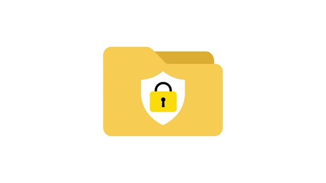 Unlocked folder animated yellow file icon with white shield and open padlock on white background.