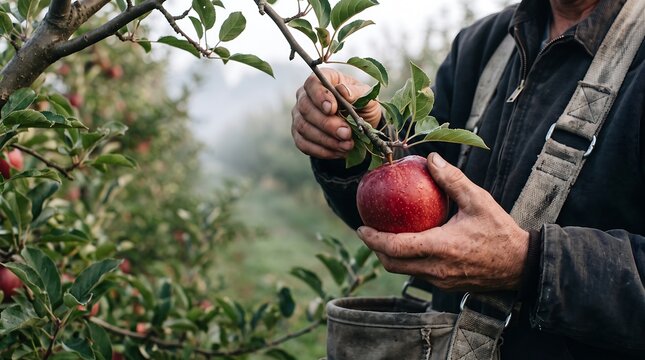 Farmer picking a ripe red apple from a tree in an orchard