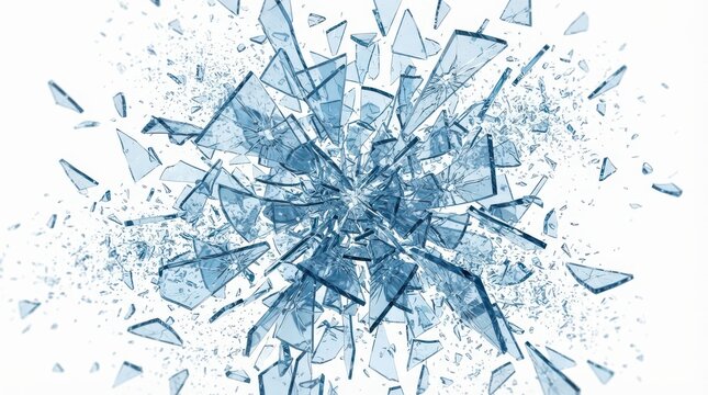 Shattered glass shards exploding outward, isolated on white background