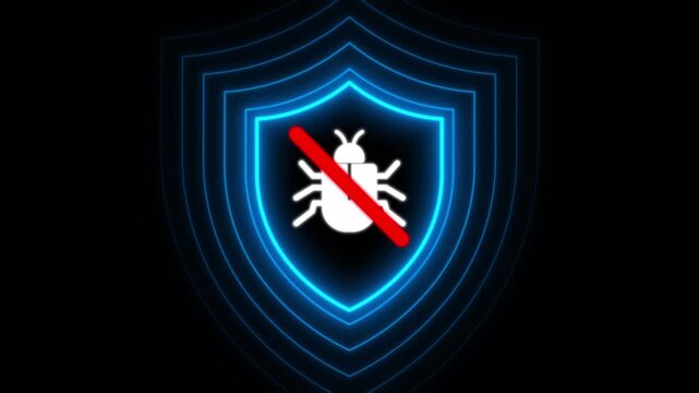 Computer virus animated bug blocked by glowing blue cyber security shield on black background.