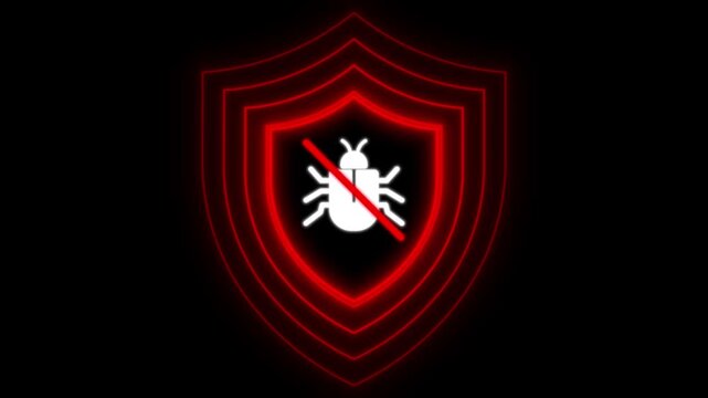Computer virus animated bug blocked by glowing red cyber security shield on black background.