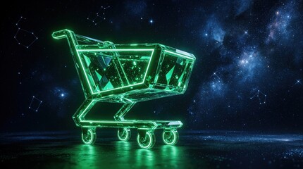Fototapeta premium Futuristic glowing green shopping cart floats in deep space nebula. Digital commerce concept with neon light lines, crystalline texture. Virtual retail innovation icon on cosmic background with