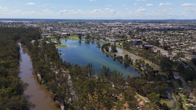 Aerial view of Victoria Park Lake and Goulburn River, Shepparton