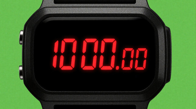 Black digital countdown timer watch on green background. Red LED numbers show zero on electronic stopwatch device. Modern clock displays time for exam test sport training. Useful tool for school