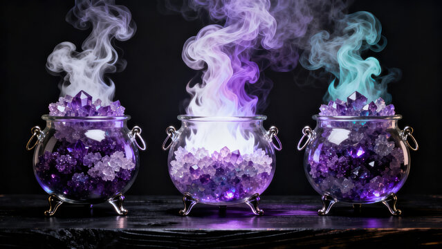 Three bubbling cauldrons filled with a mysterious purple liquid., halloween holiday festive image design