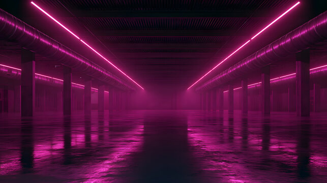 The interior of the vacant warehouse featuring magenta neon lights