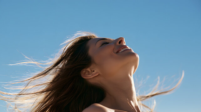 the sentence appears to be a mix of text and image description. Assuming you want to correct the text part, it should be:

A woman is smiling, looking up to the blue sky, taking deep breaths, celebrat