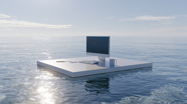 3D rendering of a white workstation with a computer and accessories floating on a vast blue sea