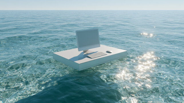 Surreal 3D render of a white desk and computer floating on peaceful ocean water