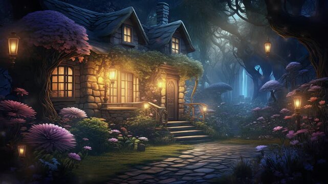 A rustic cottage shines with warm window light beneath a deep blue twilight sky, surrounded by flowers and trees, creating a mysterious magical garden with a cozy fantasy mood.