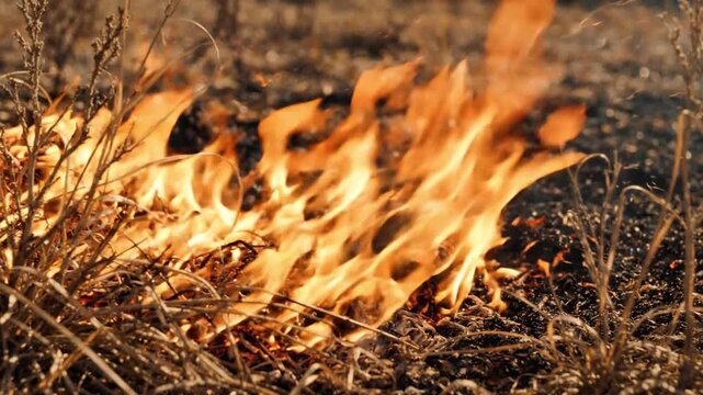 Ground Wildfire Burning Dry Grass and Vegetative Soil Ground