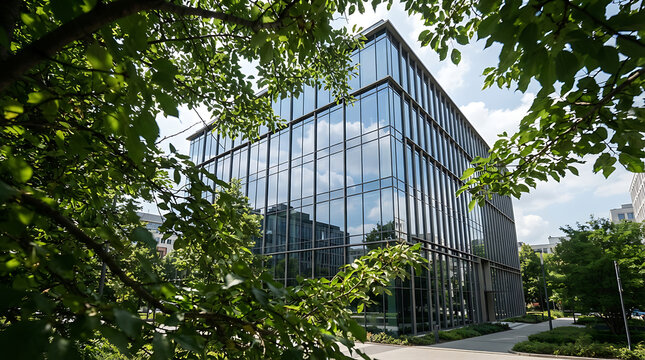 Modern corporate office building with reflective glass facade framed by lush green summer foliage