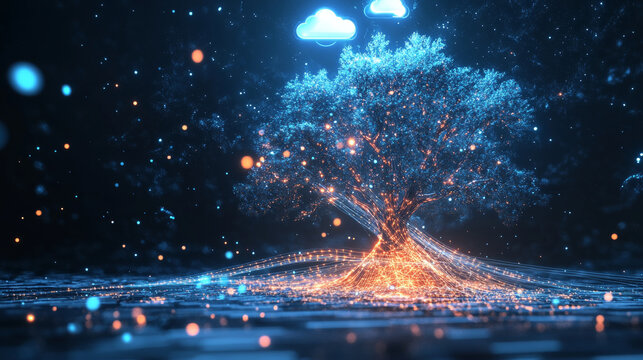 Blue glowing technology tree with cloud data connection.