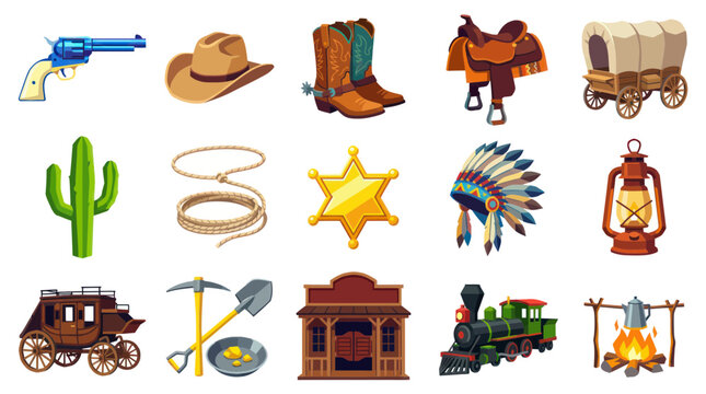 Wild West icons and cowboy items set vector illustration