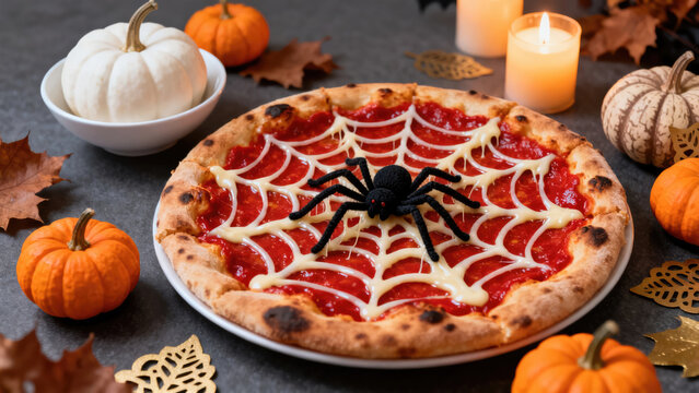 Melted cheese spiderweb pizza for a Halloween night feast ,  gourmet,  spooky, halloween holiday festive image design