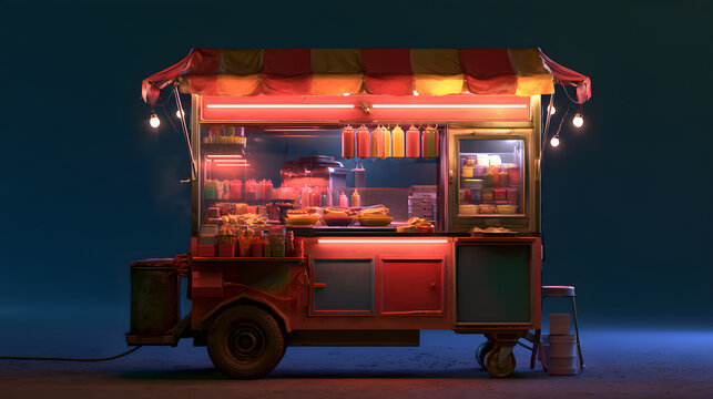 Street Food Hot Dog Cart Glowing Warm With Colorful Topping Stations